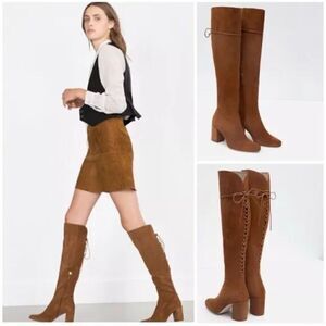 Zara‎ Collection Suede Boots Womens US 8 Brown Camel Heeled Lace Up OTK Flawed